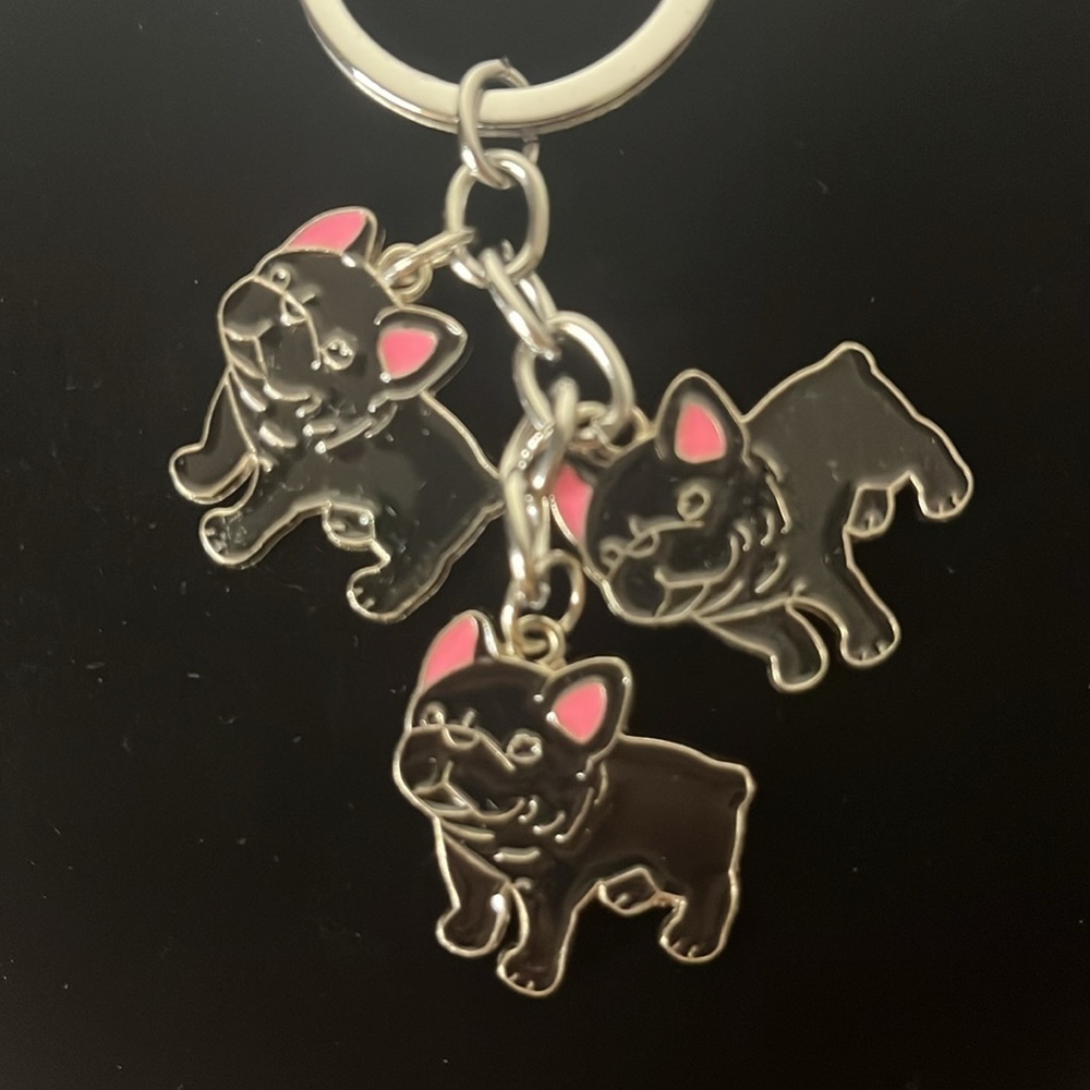 Black French Bulldog Lovers Key Chain Bag Charm 3 Bulldog Dangles - Picture 2 of 3